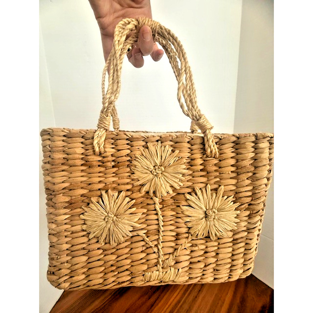 Vintage 90s Esprit Woven Straw Basket Handbag Bag Y2K Flowers 10" x 8" - Picture 1 of 13